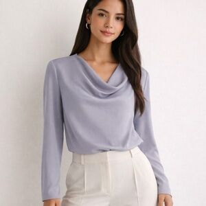 Aritzia Babaton Burnham Blouse Lilac Grey Draped Cowl Neck Long Sleeve M EUC